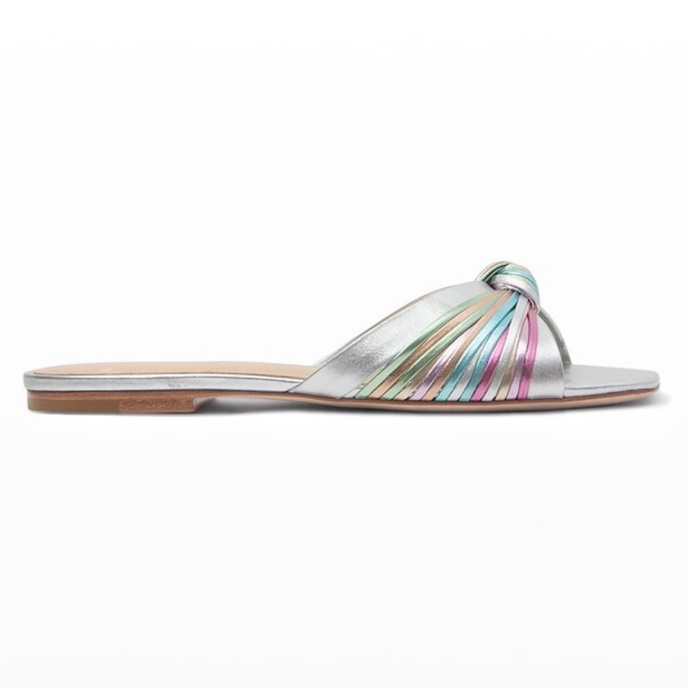 Black Suede Studio, flat sandals w/ knotted leather top metallic pastel rainbow